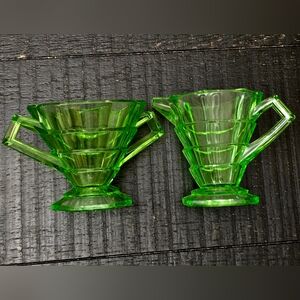 Vintage URANIUM GLASS Tea Room Matching Creamer and Sugar Set - 1920's Art Deco